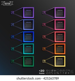 Vector infographic design list with colorful square on the black background. Business concept. 10 options, parts, steps. Can be used for graph, diagram, chart, workflow layout, number options, web