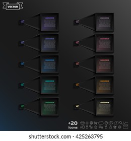 Vector infographic design list with colorful square on the black background. Business concept. 10 options, parts, steps. Can be used for graph, diagram, chart, workflow layout, number options, web