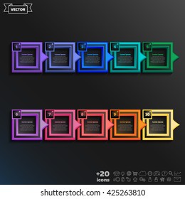 Vector infographic design list with colorful square on the black background. Business concept. 10 options, parts, steps. Can be used for graph, diagram, chart, workflow layout, number options, web