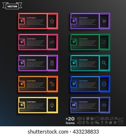Vector infographic design list with colorful square on the black background. Business concept. 10 options, parts, steps. Can be used for graph, diagram, chart, workflow layout, number options, web