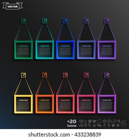 Vector infographic design list with colorful square on the black background. Business concept. 10 options, parts, steps. Can be used for graph, diagram, chart, workflow layout, number options, web