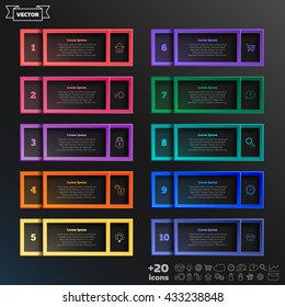 Vector infographic design list with colorful square on the black background. Business concept. 10 options, parts, steps. Can be used for graph, diagram, chart, workflow layout, number options, web