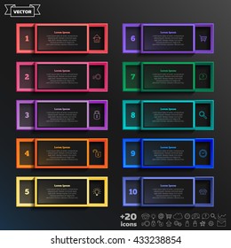 Vector infographic design list with colorful square on the black background. Business concept. 10 options, parts, steps. Can be used for graph, diagram, chart, workflow layout, number options, web