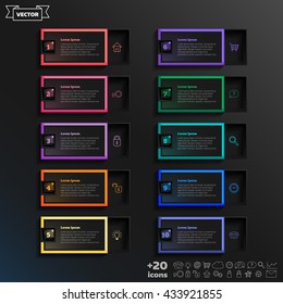 Vector infographic design list with colorful square on the black background. Business concept. 10 options, parts, steps. Can be used for graph, diagram, chart, workflow layout, number options, web