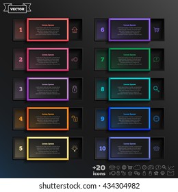 Vector infographic design list with colorful square on the black background. Business concept. 10 options, parts, steps. Can be used for graph, diagram, chart, workflow layout, number options, web