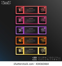 Vector infographic design list with colorful square on the black background. Business concept. 5 options, parts, steps. Can be used for graph, diagram, chart, workflow layout, number options, web