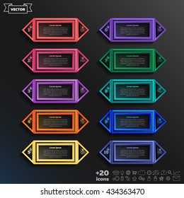 Vector infographic design list with colorful square on the black background. Business concept. 10 options, parts, steps. Can be used for graph, diagram, chart, workflow layout, number options, web