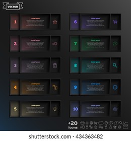 Vector infographic design list with colorful square on the black background. Business concept. 10 options, parts, steps. Can be used for graph, diagram, chart, workflow layout, number options, web