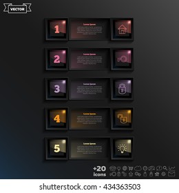 Vector infographic design list with colorful square on the black background. Business concept. 5 options, parts, steps. Can be used for graph, diagram, chart, workflow layout, number options, web