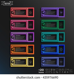 Vector infographic design list with colorful square on the black background. Business concept. 10 options, parts, steps. Can be used for graph, diagram, chart, workflow layout, number options, web