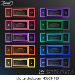 Vector infographic design list with colorful square on the black background. Business concept. 10 options, parts, steps. Can be used for graph, diagram, chart, workflow layout, number options, web