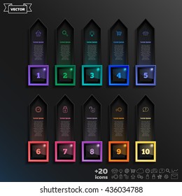 Vector infographic design list with colorful square on the black background. Business concept. 10 options, parts, steps. Can be used for graph, diagram, chart, workflow layout, number options, web