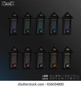 Vector infographic design list with colorful square on the black background. Business concept. 10 options, parts, steps. Can be used for graph, diagram, chart, workflow layout, number options, web
