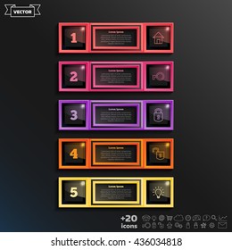 Vector infographic design list with colorful square on the black background. Business concept. 5 options, parts, steps. Can be used for graph, diagram, chart, workflow layout, number options, web