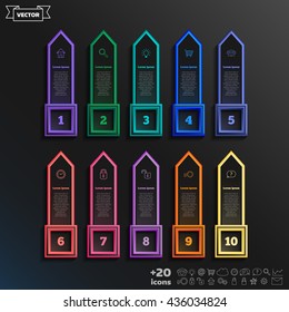 Vector infographic design list with colorful square on the black background. Business concept. 10 options, parts, steps. Can be used for graph, diagram, chart, workflow layout, number options, web