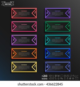 Vector infographic design list with colorful square on the black background. Business concept. 10 options, parts, steps. Can be used for graph, diagram, chart, workflow layout, number options, web