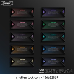 Vector infographic design list with colorful square on the black background. Business concept. 10 options, parts, steps. Can be used for graph, diagram, chart, workflow layout, number options, web
