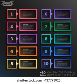 Vector infographic design list with colorful square on the black background. Business concept. 10 options, parts, steps. Can be used for graph, diagram, chart, workflow layout, number options, web