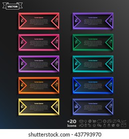 Vector infographic design list with colorful square on the black background. Business concept. 10 options, parts, steps. Can be used for graph, diagram, chart, workflow layout, number options, web