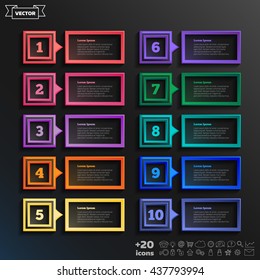 Vector infographic design list with colorful square on the black background. Business concept. 10 options, parts, steps. Can be used for graph, diagram, chart, workflow layout, number options, web