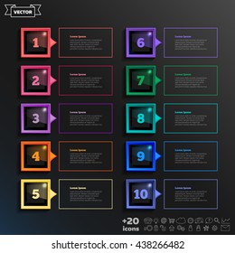 Vector infographic design list with colorful square on the black background. Business concept. 10 options, parts, steps. Can be used for graph, diagram, chart, workflow layout, number options, web