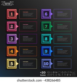 Vector infographic design list with colorful square on the black background. Business concept. 10 options, parts, steps. Can be used for graph, diagram, chart, workflow layout, number options, web