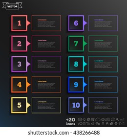 Lista de design infográfico vetorial com quadrado colorido no fundo preto. Conceito de negócios. 10 opções, peças, passos. Pode ser usado para gráfico, diagrama, gráfico, layout de fluxo de trabalho, opções de número, web