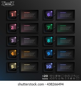 Vector infographic design list with colorful square on the black background. Business concept. 10 options, parts, steps. Can be used for graph, diagram, chart, workflow layout, number options, web