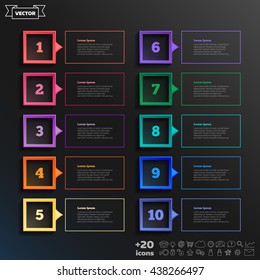 Vector infographic design list with colorful square on the black background. Business concept. 10 options, parts, steps. Can be used for graph, diagram, chart, workflow layout, number options, web