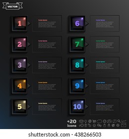 Vector infographic design list with colorful square on the black background. Business concept. 10 options, parts, steps. Can be used for graph, diagram, chart, workflow layout, number options, web