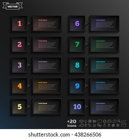 Vector infographic design list with colorful square on the black background. Business concept. 10 options, parts, steps. Can be used for graph, diagram, chart, workflow layout, number options, web