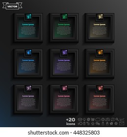 Vector infographic design list with colorful square on the black background. Business concept. 9 options, parts, steps. Can be used for graph, diagram, chart, workflow layout, number options, web