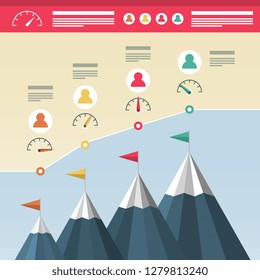 Vector Infographic Design with Mountains. Business Success Infographics. Reaching the Top of Hills with Flags and Fuel Icons.