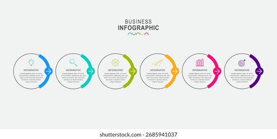 Modelo de processo de design infográfico vetorial com 6 opções ou etapas