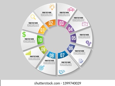Vector Infographic Design Template with 10 Options Steps and Marketing Icons can be used for info graph, presentations, process, diagrams, annual reports, workflow layout