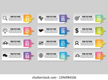Vector Infographic Design Template with 12 Options Steps. Business Data Visualization Timeline with Marketing Icons most useful can be used for presentation, diagrams, annual reports, workflow layout