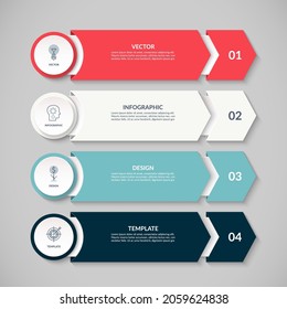 Plantilla de diseño de infografía vectorial con 4 flechas y botones. Se puede usar para diseño web, diagrama, opciones de pasos, gráfico, gráfico, presentación de negocios.