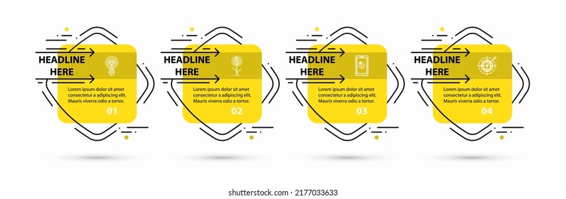 Vector infographic design template with 4 steps, numbered options, square elements with rounded edges. Business concept in minimalist thin line flat style. Diagram, flowchart, timeline, process chart.