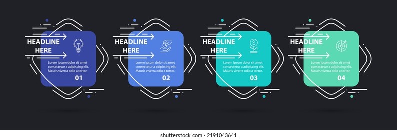 Vector infographic design template with 4 steps, numbered options, square elements with rounded edges. Business concept in minimalist thin line flat style. Diagram, flowchart, timeline, process chart.