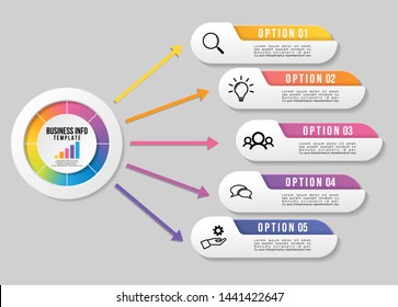 Vector Infographic Design Template with 5 Options Steps and Marketing Icons. Business Data Visualization can be used for info graph, presentations, process, diagrams, annual reports, workflow layout