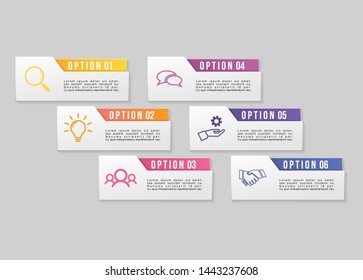 Vector Infographic Design Template with 6 Options Steps and Marketing Icons. Business Data Visualization can be used for info graph, presentations, process, diagrams, annual reports, workflow layout