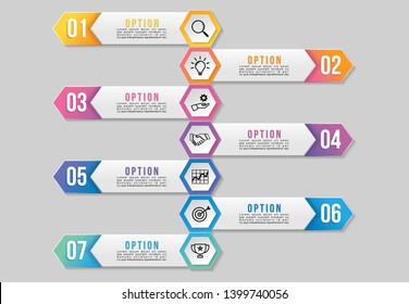 Vector Infographic Design Template with 7 Options Steps and Marketing Icons can be used for info graph, presentations, process, diagrams, annual reports, workflow layout