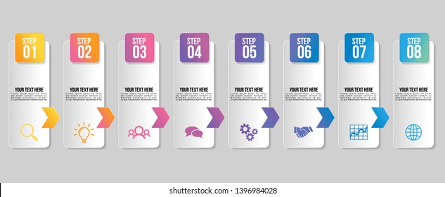Vector Infographic Design Template with 8 Options Steps. Business Data Visualization Timeline with Marketing Icons most useful can be used for presentation, diagrams, annual reports, workflow layout
