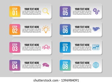 Vector Infographic Design Template with 8 Options Steps. Business Data Visualization Timeline with Marketing Icons most useful can be used for presentation, diagrams, annual reports, workflow layout