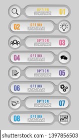 Vector Infographic Design Template with 8 Options Steps. Business Data Visualization Timeline with Marketing Icons most useful can be used for presentation, diagrams, annual reports, workflow layout