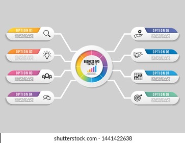 Vector Infographic Design Template with 8 Options Steps and Marketing Icons. Business Data Visualization can be used for info graph, presentations, process, diagrams, annual reports, workflow layout