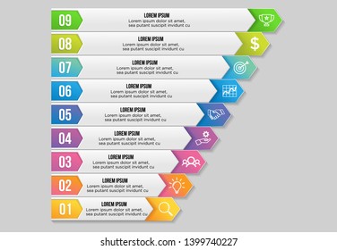 Vector Infographic Design Template with 9 Options Steps and Marketing Icons can be used for info graph, presentations, process, diagrams, annual reports, workflow layout