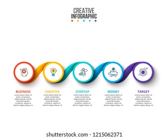 Vector infographic design template. Business concept with 5 options, parts, steps or processes. Can be used for workflow layout, diagram, number options, web design. Data visualization.