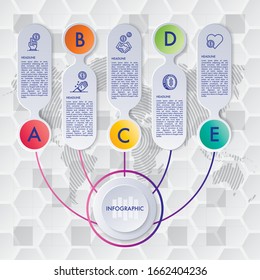 Plantilla de diseño de infografía vectorial. Concepto de negocio con 5 opciones, piezas, pasos o procesos. Se puede utilizar para diseño de flujo de trabajo, diagrama, opciones de número, diseño web. Visualización de datos.