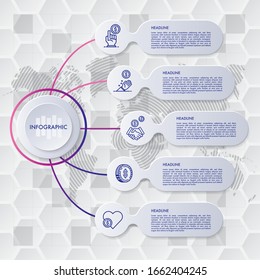 Vector infographic design template. Business concept with 5 options, parts, steps or processes. Can be used for workflow layout, diagram, number options, web design. Data visualization.